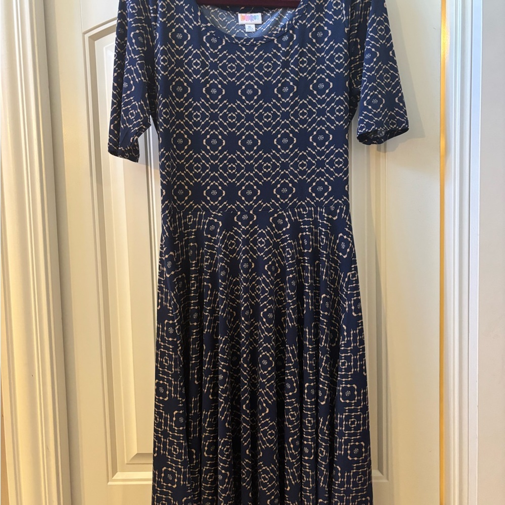 LuLaRoe Nicole Navy and Tan A Line Dress Knee Length